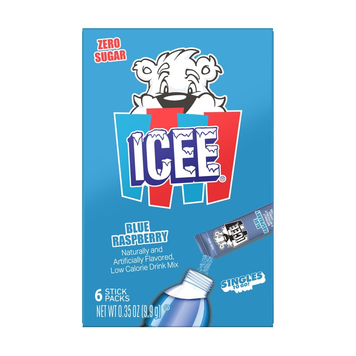 Blue Raspberry Singles To Go - Pack of 3 - Powdered Drink Mix - Zero Sugar - 6 Sticks Per Box - 18 Servings by Icee – 0.63 Ounce (Pack of 3), Pack of 3, Model EWFJS2025_222.4