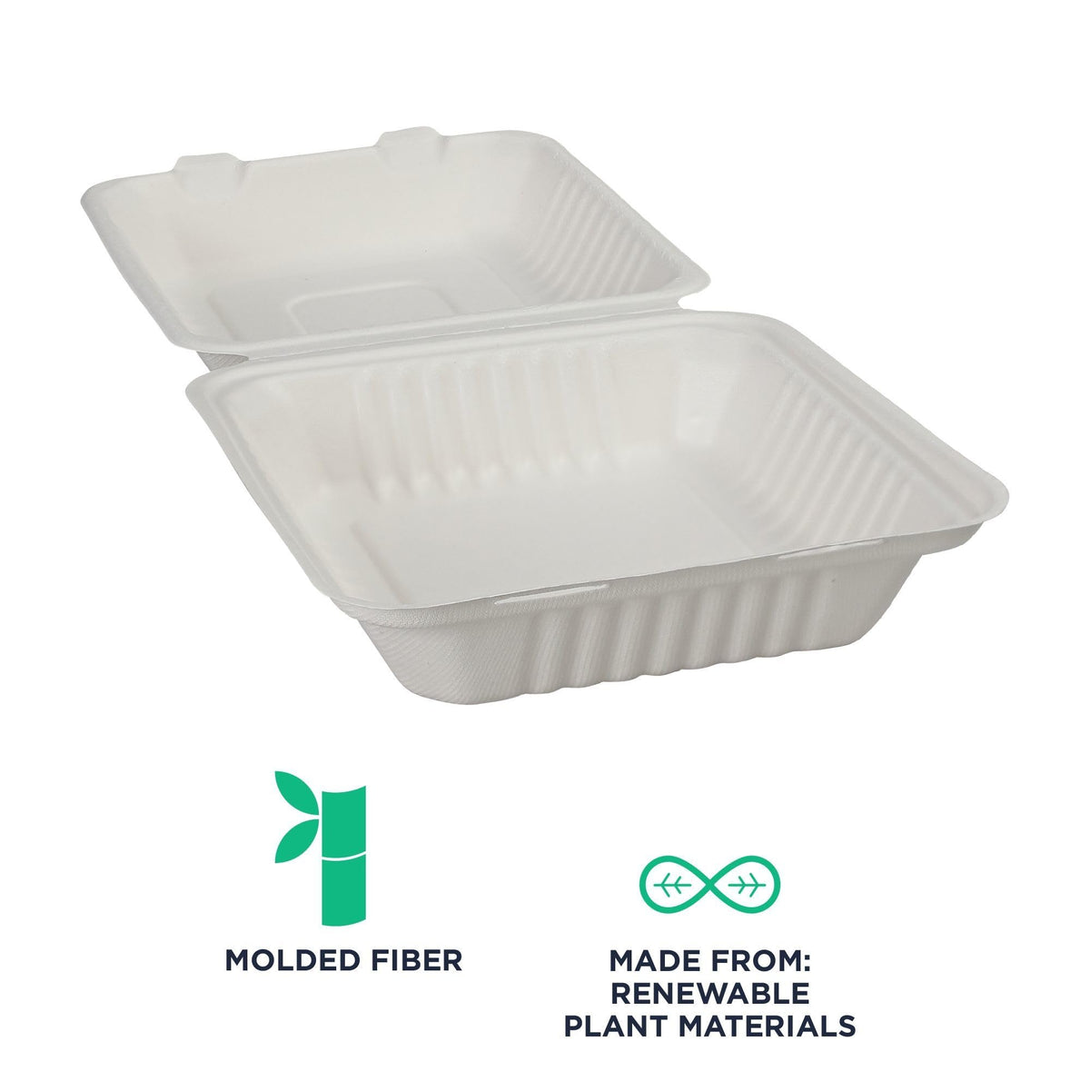Compostable 8" Soak Proof Clamshell To Go Containers by ECO PRODUCTS – 8", 35.5 ounces, Molded Fiber, white, Pack of 200