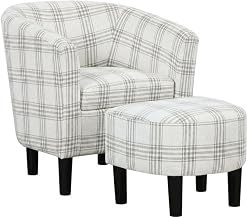 Furnifact Plaid-Patterned Fabric Accent Chair with Ottoman, Chair and Ottoman Set for Living Room and Bedroom Chair, Gray Plaid