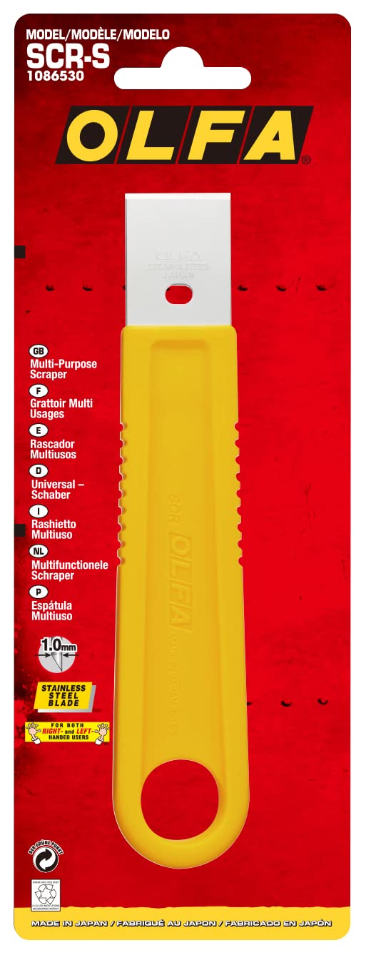 25mm Multi-Purpose Razor Scraper (SCR-S) - Stainless by OLFA – 8"L x 5"W x 2"H, Stainless Steel, Yellow, Model SCR-S / 870501 / 01003-M