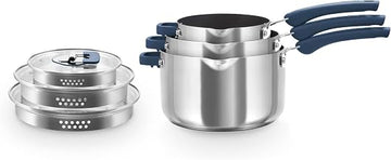 Zakarian x Dash TruPro® Nonstick Stainless Steel Stacking Sauce Pan Set - Compact Cookware Set for Everyday Cooking - Non-Stick, Space-Saving, and Oven-Safe - Blue, 6-Piece Set