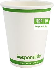 Responsible Products 10 oz Paper Hot Cups, Tree-Less™ Compostable Paper Coffee Cups, Extra Strength, Tree-Free and Made Without PFAS, White (1000 Count)