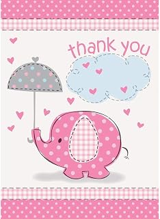 Unique Party Unique Pink Elephant Girl Baby Shower Thank You Cards, 8ct, multi color, "5.5"" x 4"""