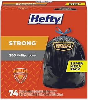 Hefty E85274 Strong Tall Kitchen & Trash Bags, 30gal, 1.1 Mil, Black, 74/Box