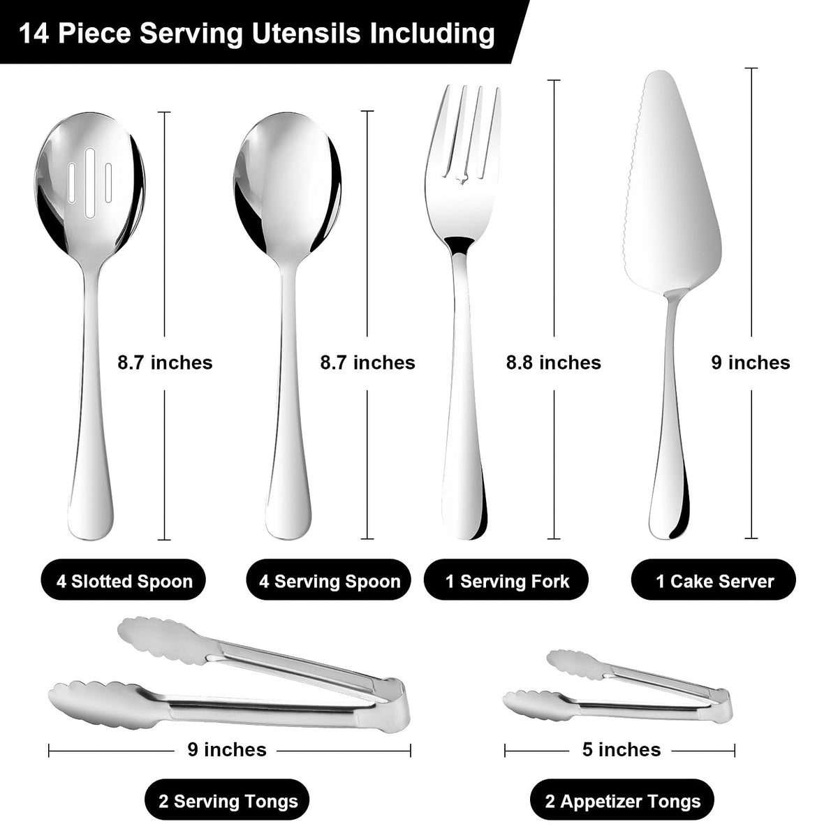 Gisly Serving Utensils Set, Stainless Steel, Silver, 14 Piece