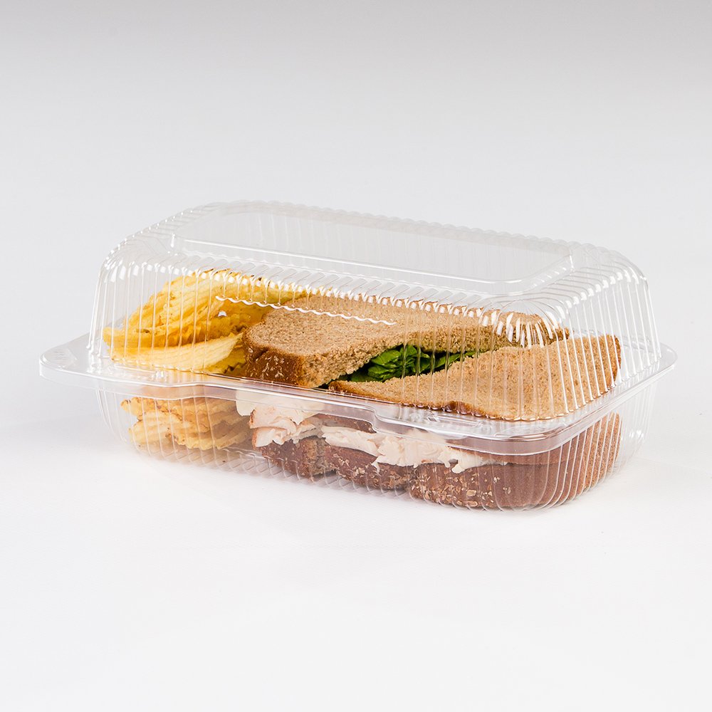 9" x 5 1/2" x 3 1/2" Clear Plastic Deli Sandwich Hinged Container - 500 per case by Detroit Forming – 9x5.5x3.5 inches, 1.0 liters, OPS Plastic, Clear, Model LBH-523