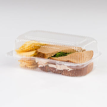 9" x 5 1/2" x 3 1/2" Clear Plastic Deli Sandwich Hinged Container - 500 per case by Detroit Forming – 9x5.5x3.5 inches, 1.0 liters, OPS Plastic, Clear, Model LBH-523