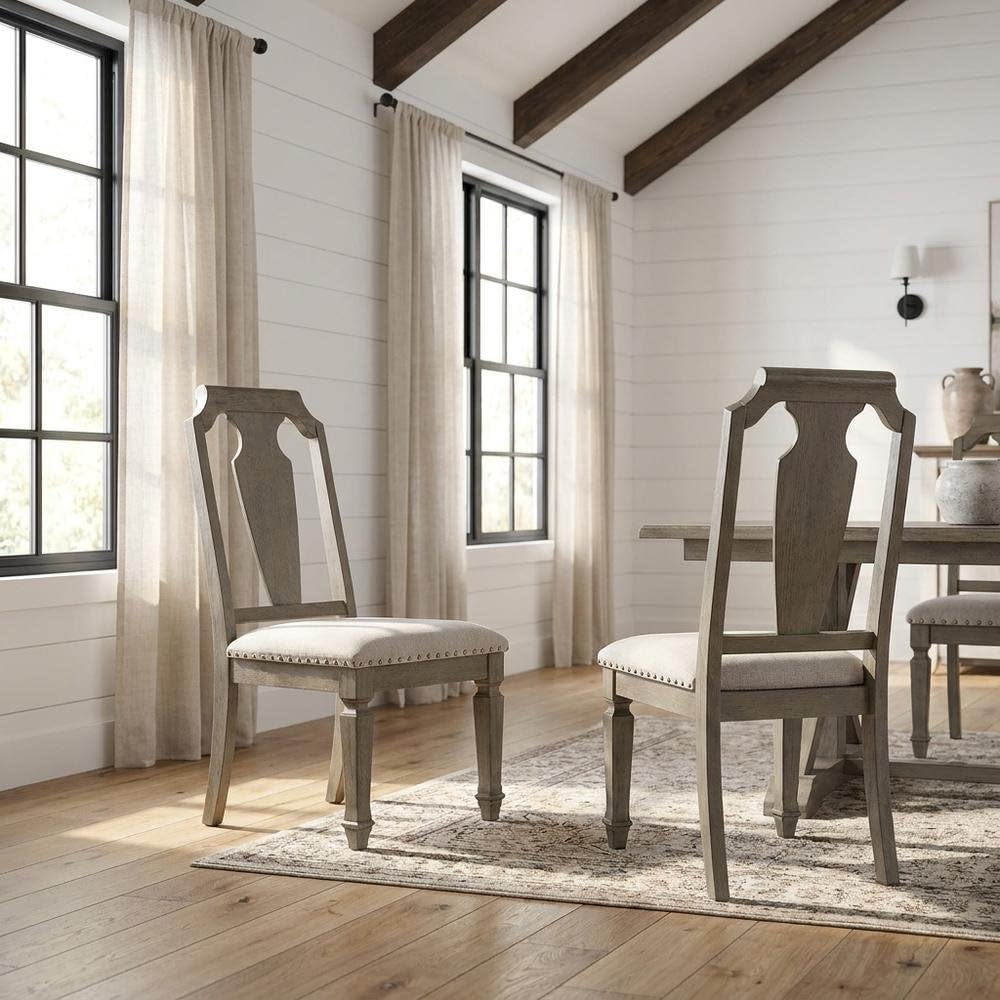 Linen-Upholstered Side Chair with Rubber Wood Legs by Furnifact – Wood, Beige Linen &Amp; Weathered Oak Finish, Pack of 2