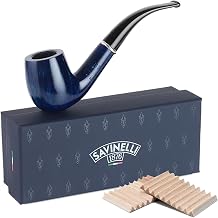 Savinelli Arcobaleno Blue 606 KS Polished Finish, Handmade Wood Briar Pipe + 6mm Balsa Filters 20 Pack, Made in Italy