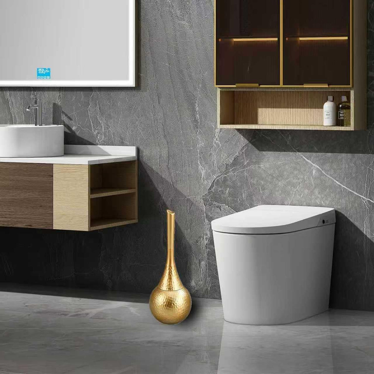 Hideaway Toilet Brush Set by Kobzipanda – Acrylonitrile Butadiene Styrene (ABS), Gold, Model GGMTS
