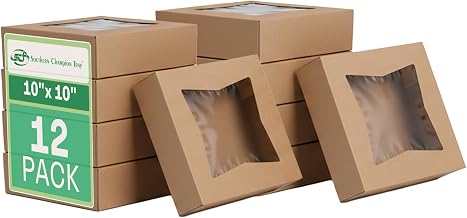 SOUTHERN CHAMPION TRAY SCT Kraft Window Bakery Pack (12 Pack) 10x10x2.5, Auto Pop-Up Containers for Pies, 10 inch Brown Bakery Pack, Cookie Box with Window, 24233K-12