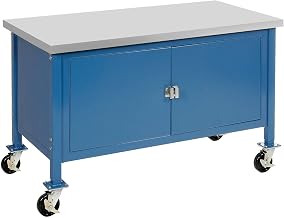 Global Industrial Mobile Workbench with Security Cabinet, Plastic Laminate Square Edge, 72" W x 30" D, Blue
