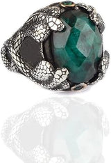 Emerald Stone Men Silver Ring, 925 Sterling Silver King Cobra Snake Ring, Handmade Engraved Turkish Silver Ring with Natural Emerald Stone gifts for men handmade rings valentines day gifts for him