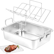 QPMR Roasting Pan with V Rack and Cooling Rack, Stainless Steel, 15 Inch, Silver
