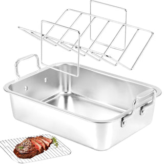 QPMR Roasting Pan with V Rack and Cooling Rack, Stainless Steel, 15 Inch, Silver