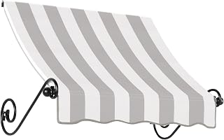 Awntech 3' Charleston (40.5"-24"-24") Sloped Fixed Awning with Scrolled Iron Arms, Gray/White Stripe
