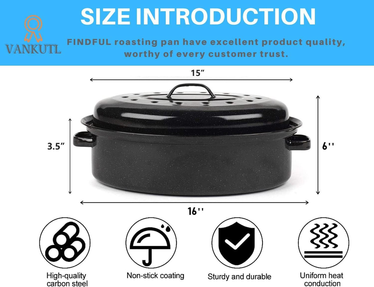 Vankutl Roasting Pan with Lid, 16 Inch Oval Enamel Carbon Steel, Black