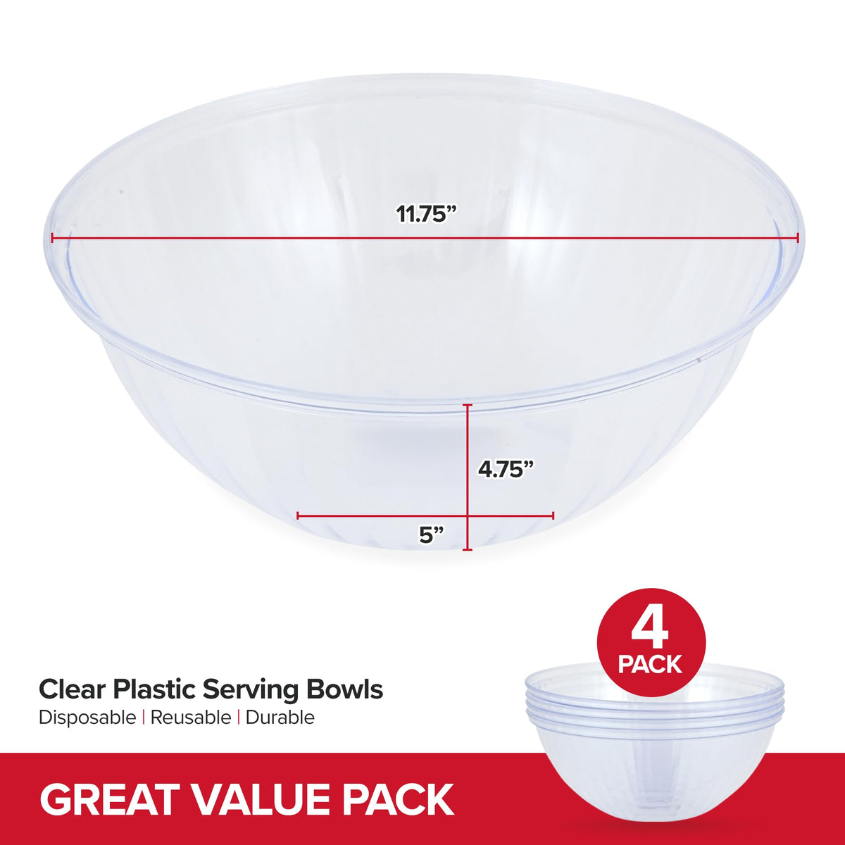 150 oz Clear Plastic Serving Bowls (4 Pack) Disposable Candy Dishes by Stock Your Home – 150 oz, 150.0 fluid_ounces, Plastic, Clear, Pack of 4