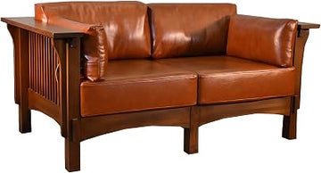 Starlight Canyon Home Solid Wood Arts and Crafts Loveseat with Leather Upholstery, Mission Small Couch Love Seat Sofa for Living Room, Michael's Cherry