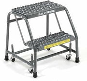 Ballymore 218G Steel Standard Rolling Ladder with Spring Loaded Casters Without Handrails, Serrated Grating Tread, Unassembled, OSHA/ANSI Standard, 2 Steps, 16" Step Width, 10" Top Step Deep, Gray