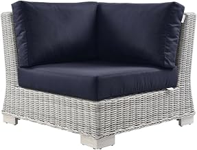 Blue Wicker Rattan Corner Chair with Cushioned Seat and Backrest, Modular Outdoor Patio Lounge Furniture for Garden Deck Backyard