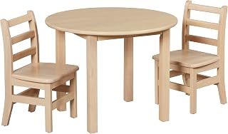 ECR4Kids 30in D Round Hardwood Table and Chair Set, 12in Seat Height, Kids Furniture, Antique White, 3-Piece