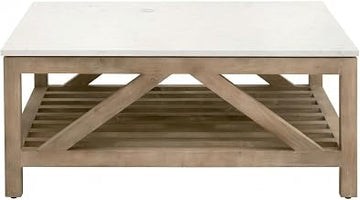 Starlight Canyon Home Gray Transitional Square Coffee Table with Solid Pine Wood Frame, Solid Quartz Top, Smoke Gray Finish, Lower Shelf