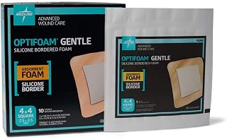 Medline Optifoam Gentle Foam Wound Dressing with Silicone Adhesive Border, 4" x 4", Educational Packaging, Pack of 10