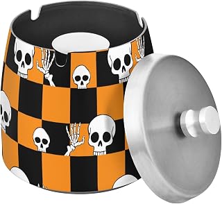 Halloween Plaid Skull Pattern Splash Ashtray with Lid, Outdoor Ashtrays for Patio