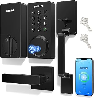 PHILIPS Upgraded Wi-Fi Smart Front Door Lock Set, Fingerprint Keyless Entry Deadbolt, Keypad Lock with Handle, App Remote Control, IP53 Waterproof, Auto Lock, Anti-Peeping Password, Easy Install