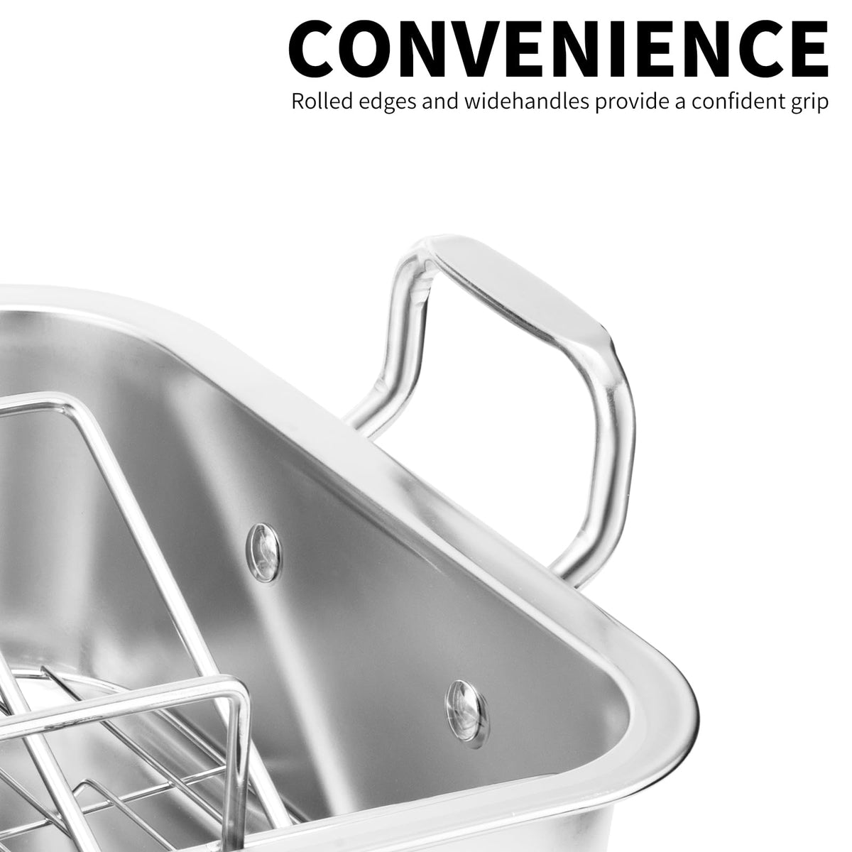 QPMR Roasting Pan with V Rack and Cooling Rack, Stainless Steel, 15 Inch, Silver