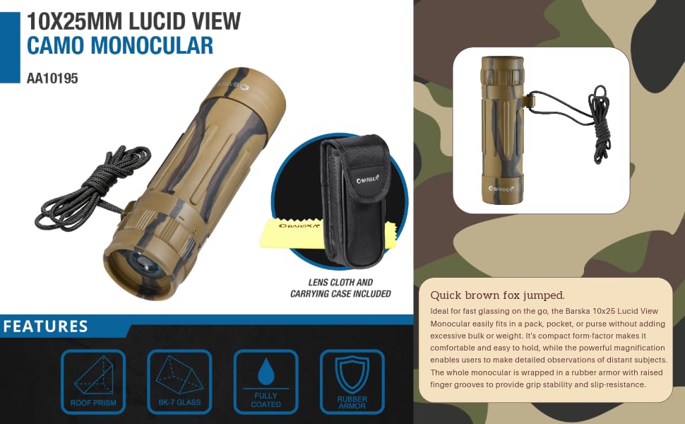 Lucid 10x25 Monocular Binocular (Camouflage) by Barska – Rubber, Camouflage, Model AA10194