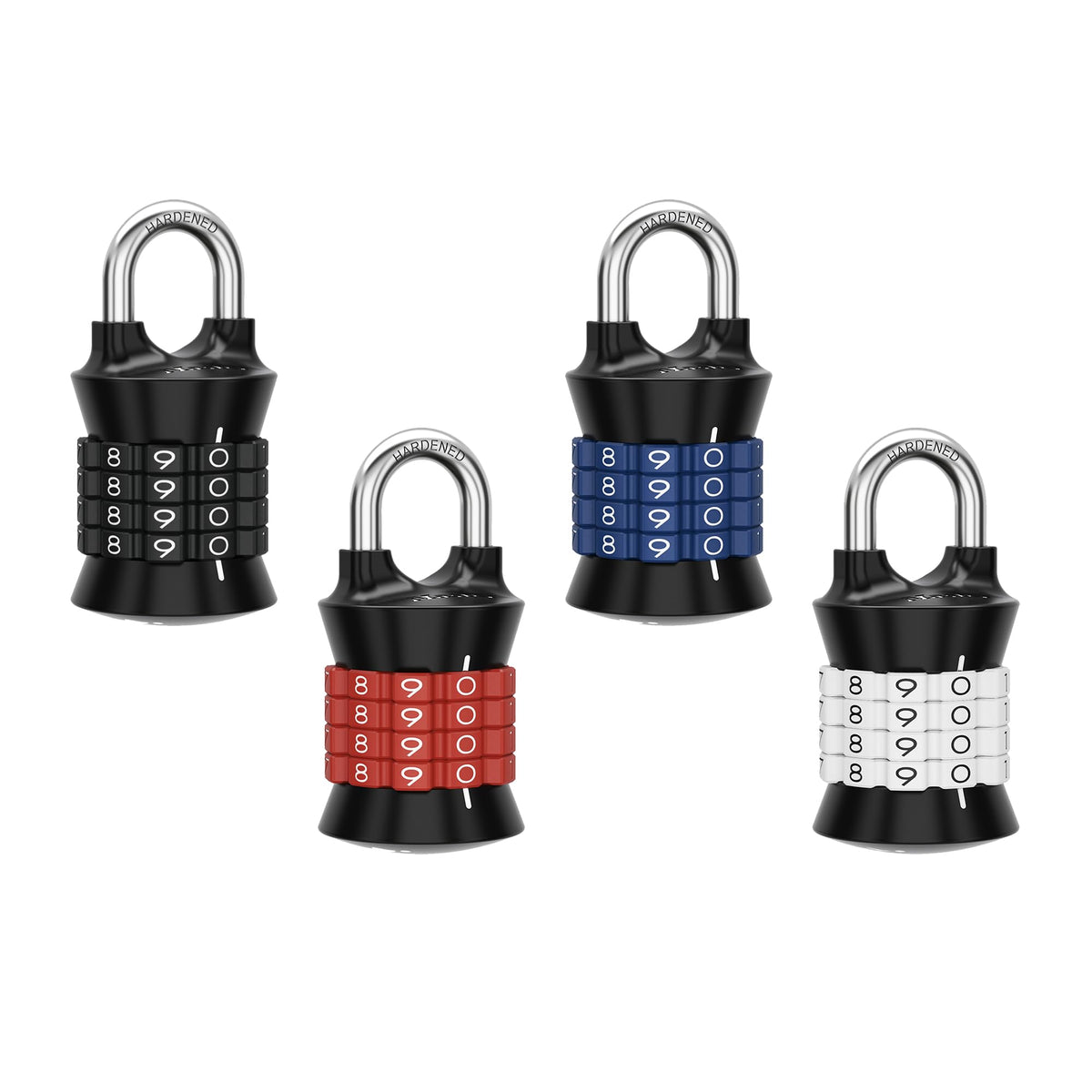 Resettable Combination Padlock by Master Lock – 4 Pack, Metal, Black, Blue, Red, White, Pack of 4, Model 1535EC4