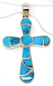 Channel Inlay Turquoise Cross Pendant by Johnson by L7 Trading – Sterling Silver, Model 43390-141456