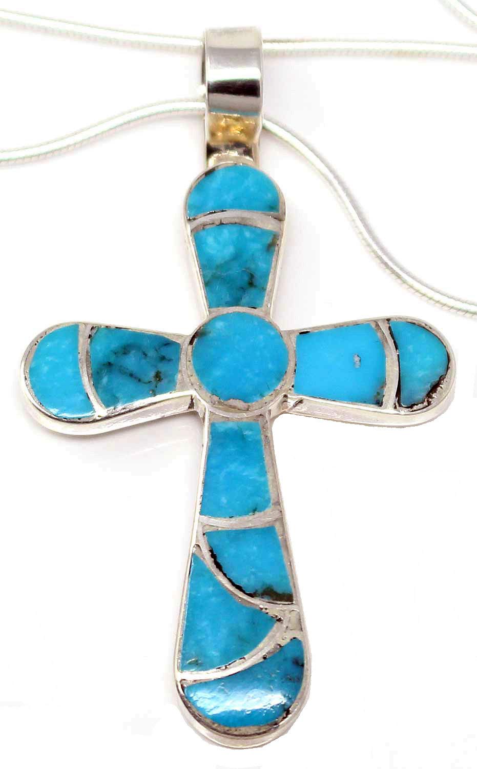 Channel Inlay Turquoise Cross Pendant by Johnson by L7 Trading – Sterling Silver, Model 43390-141456
