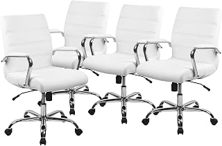 Flash Furniture LeatherSoft Swivel Office Chair, White, 4-Pack | Chrome Frame, Mid-Back