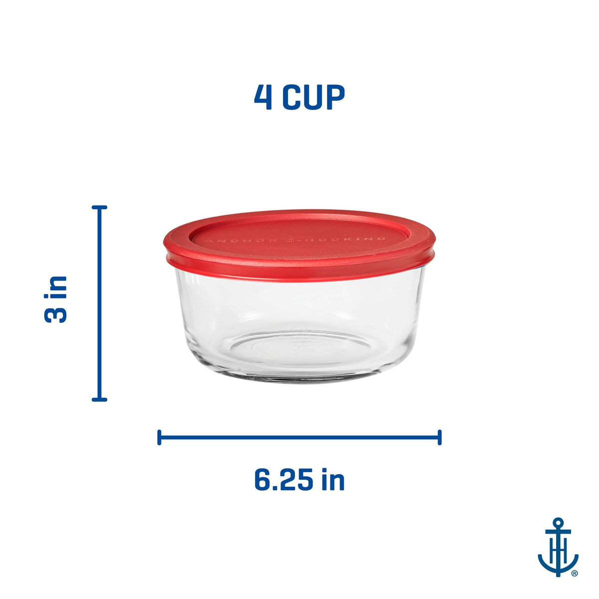 SnugFitTM Round Food Storage Containers with Lids (4-Piece by Anchor Hocking – 4 Cup, 4.0 cups, Glass, Red, Pack of 4