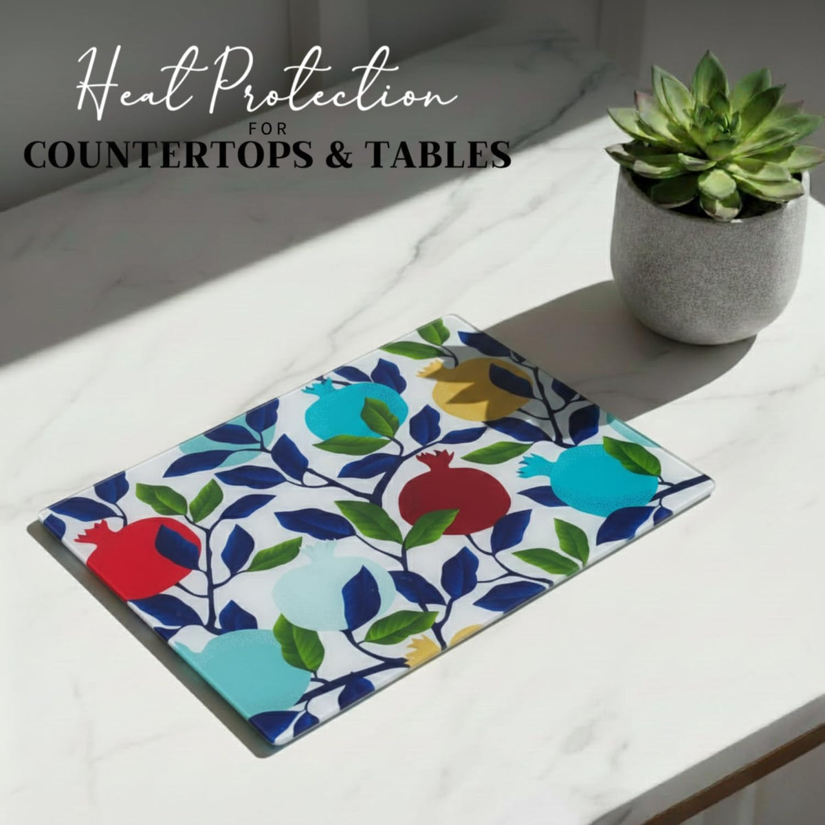 SURI Tempered Glass Challah Board, Large Cutting Tray, Pomegranate & Blue