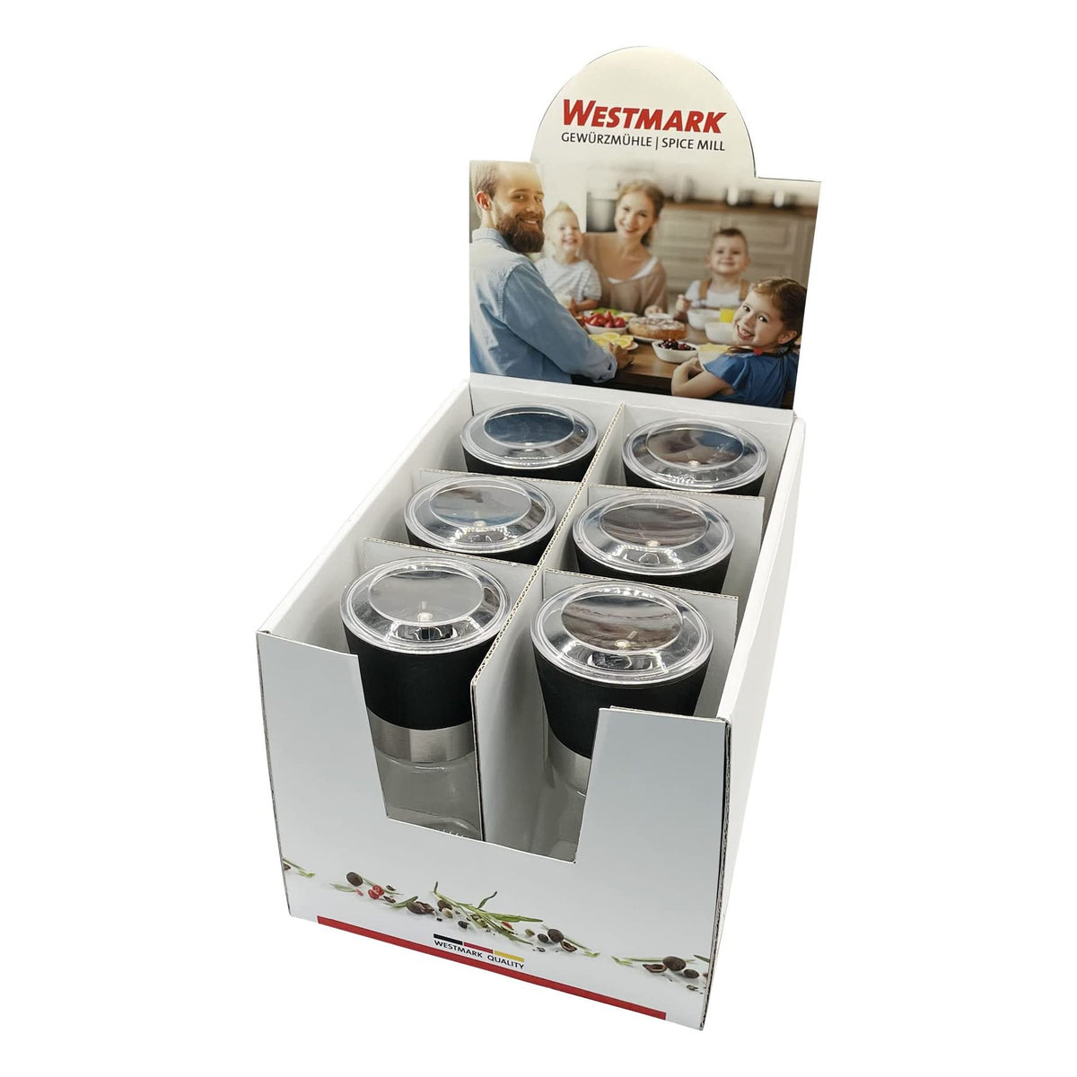 Spice Mill Display with Ceramic Grinder Glass/Ceramic/Plastic Transparent/Black/Silver by Westmark – 6 Stück, 190 milliliters, Glass, stainless steel, ABS, PE, PP, PS, ceramic