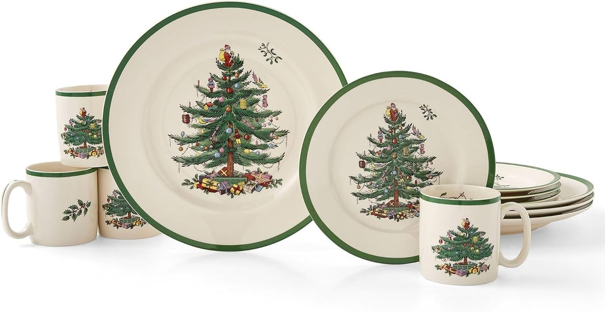 Spode Christmas Tree Earthenware Dinnerware Set, Service for 4, Multicolor