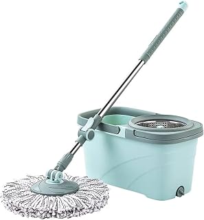 Spin Mop Bucket with Wringer Set for Home - Mop Bucket System for Floor Cleaning - Detachable Splash Guard Spin Basket - Extendable Telescopic Handle - Extra 5PC Mop Heads,Green