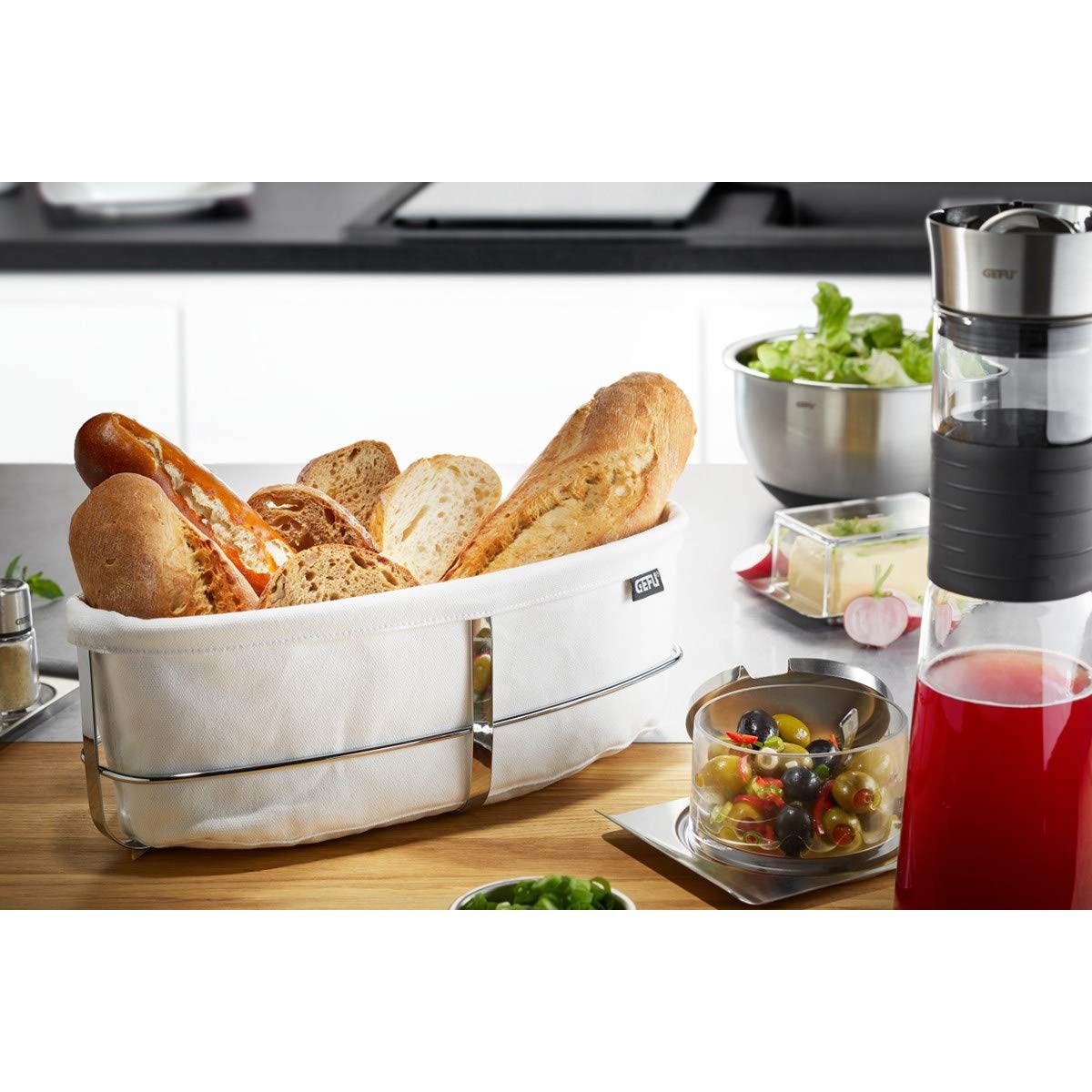 Bread Basket by GEFU – 22 x 22 x 11.5 cm, Stainless Steel, Silver/white, Model 33661