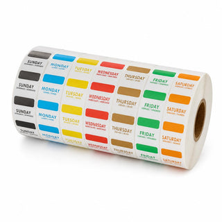 1-Inch Dissolvable Day of the Week Labels by Glownary – 1 Inch Square, Paper, White With Colored Print and Borders, Model Dotw-1000-7r