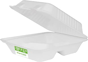 Responsible Products 8 inch 3-Compartment Hinged Containers, Tree-Less™ Compostable Molded Fiber Takeout Containers, Extra Strength, Tree-Free and Made Without PFAS, White (200 Count)