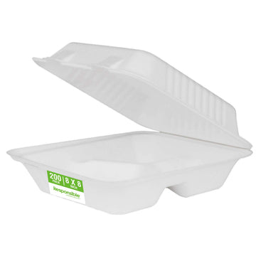 8 inch 3-Compartment Hinged Containers by Responsible Products – 5.3 liters, Other, Classic White, Model RP-8X8-3CHC-NPAW-200