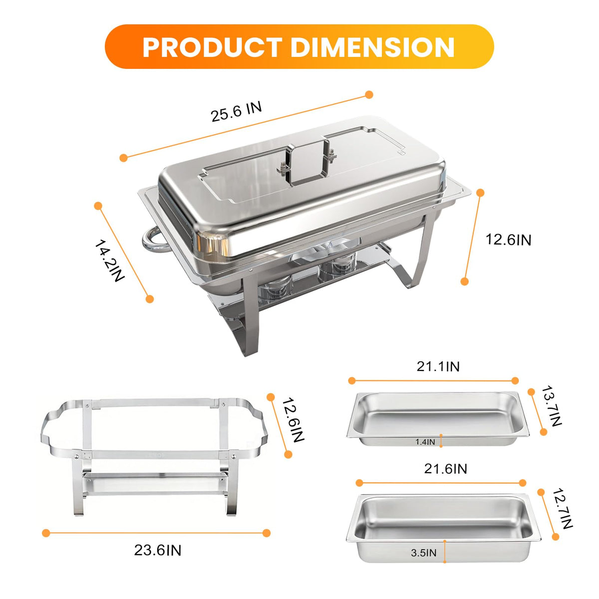 Powerfuel Chafing Dishes, 11 Quart Rectangular Stainless Steel, 4 Pack Silver