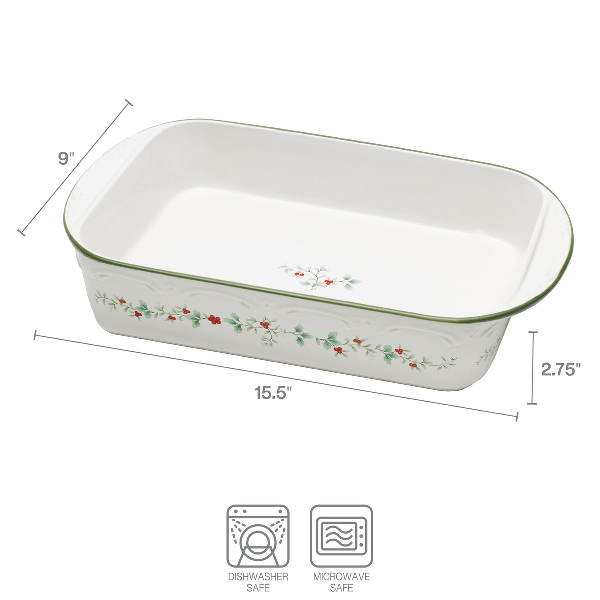 Pfaltzgraff Winterberry Rectangular Baker, 13 x 9 Inch Stoneware, White