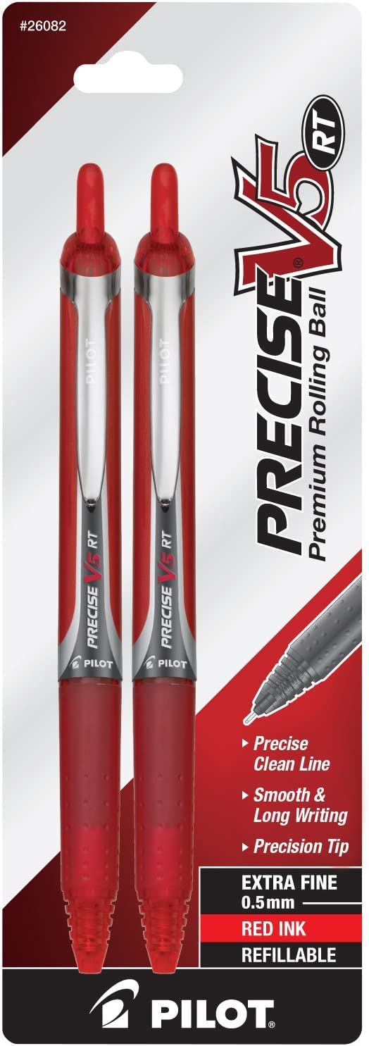 Precise V5 RT Retractable Rollerball Pens by PILOT – 2 Count (Pack of 1), Metal, Red, Model 26082