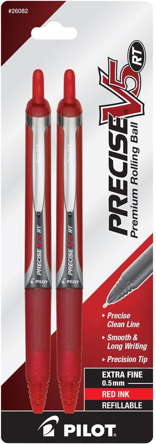 Precise V5 RT Retractable Rollerball Pens by PILOT – 2 Count (Pack of 1), Metal, Red, Model 26082