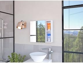FM FURNITURE Minsk Medicine Cabinet with 3 Inner Shelves, 2 Open Shelves and a Large Mirror, White